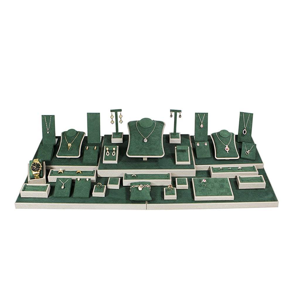 34 Piece Green Suede With Luna Gold Jewelry Showcase Display Set