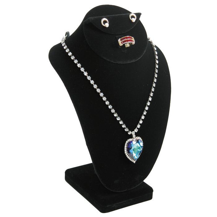 Black Velvet Jewelry Necklace / Ring / Earring Combination Bust, 6" Tall