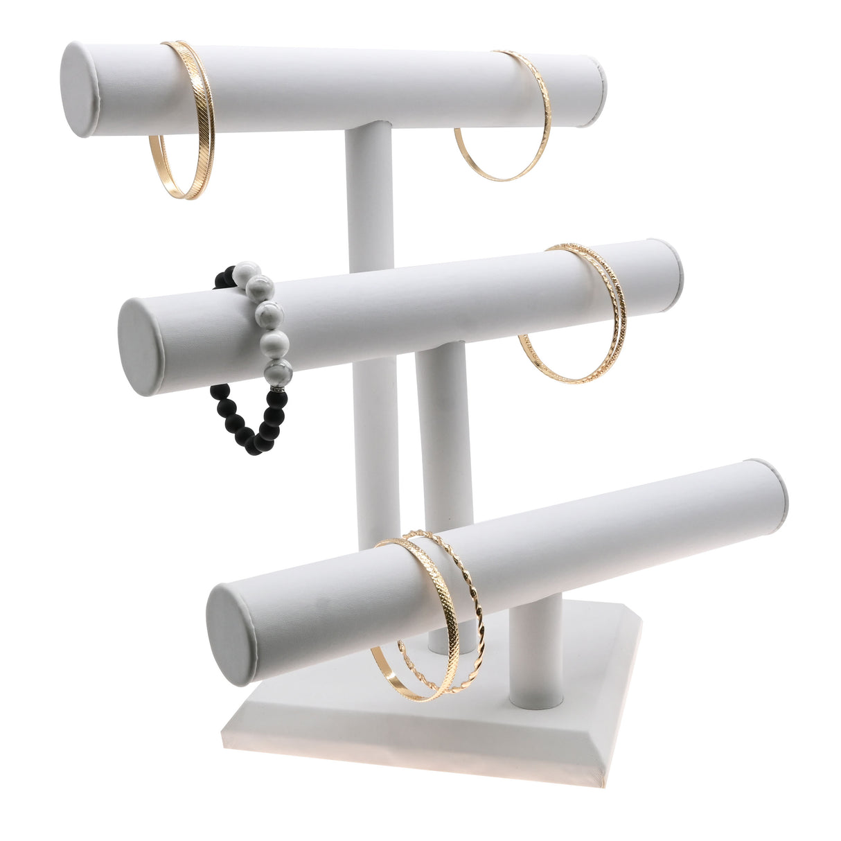 White Leatherette 3 Tier Jewelry Display T-Bar Stand