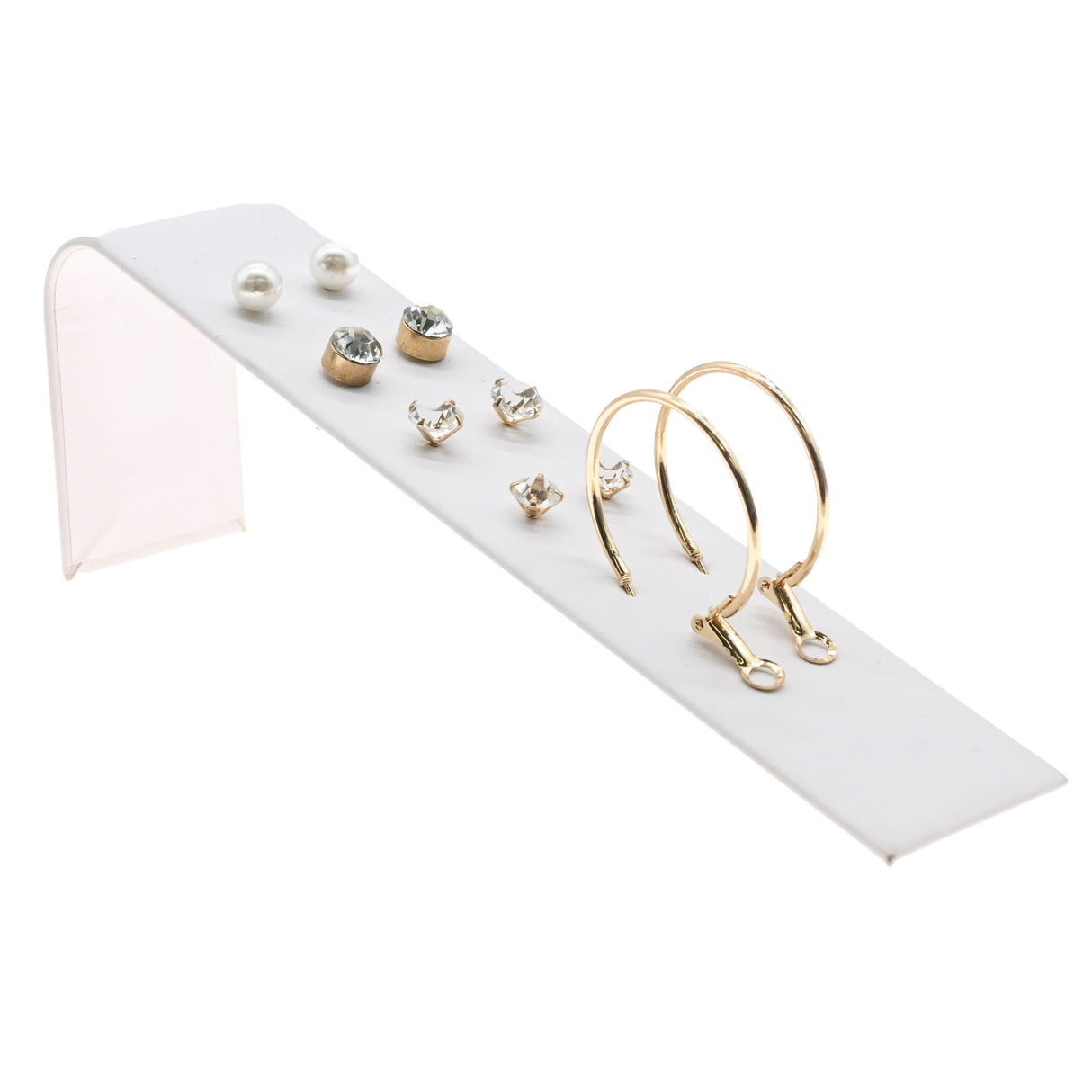 Jewelry Earring Display Ramp, White Leatherette, Holds 5 Pairs
