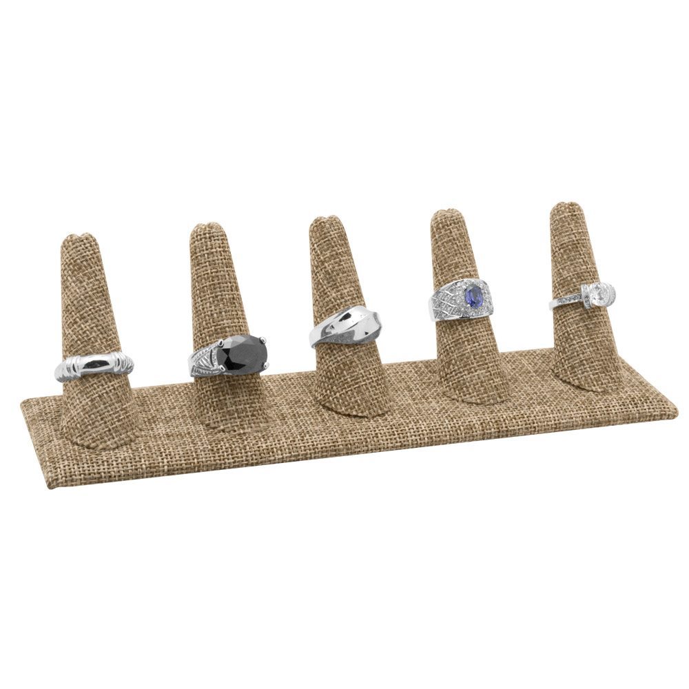 Brown Burlap 5 Finger Jewelry Ring Display