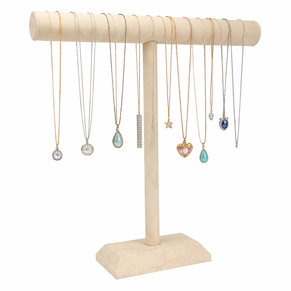 Tall Beige Faux Suede Necklace T-Bar Display Stand - 18" H