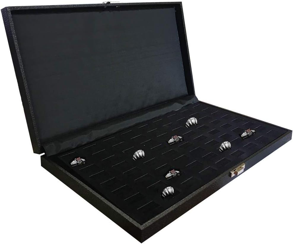 Black Leatherette Ring Case - 72 Wide Slot Travel Organizer with Latch