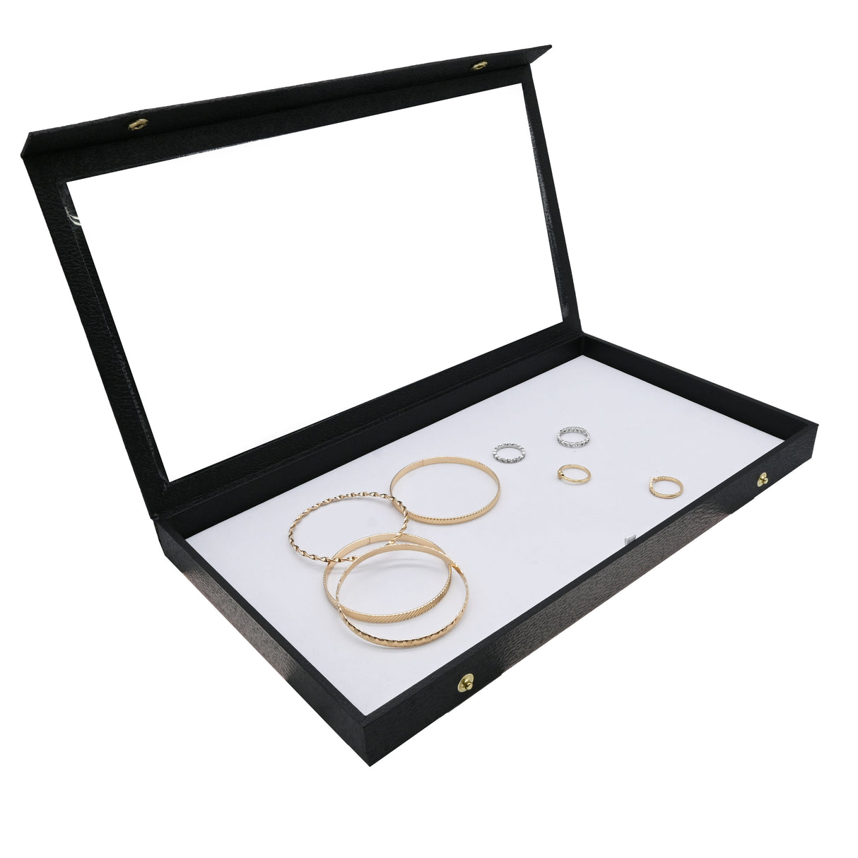 Black Leatherette Snap Close Acrylic Lid Display Tray - 1-1/8" Deep