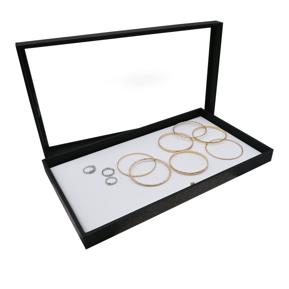 Black Leatherette Jewelry Display Tray with Extra Large Clear Acrylic Lid, 1" Tall