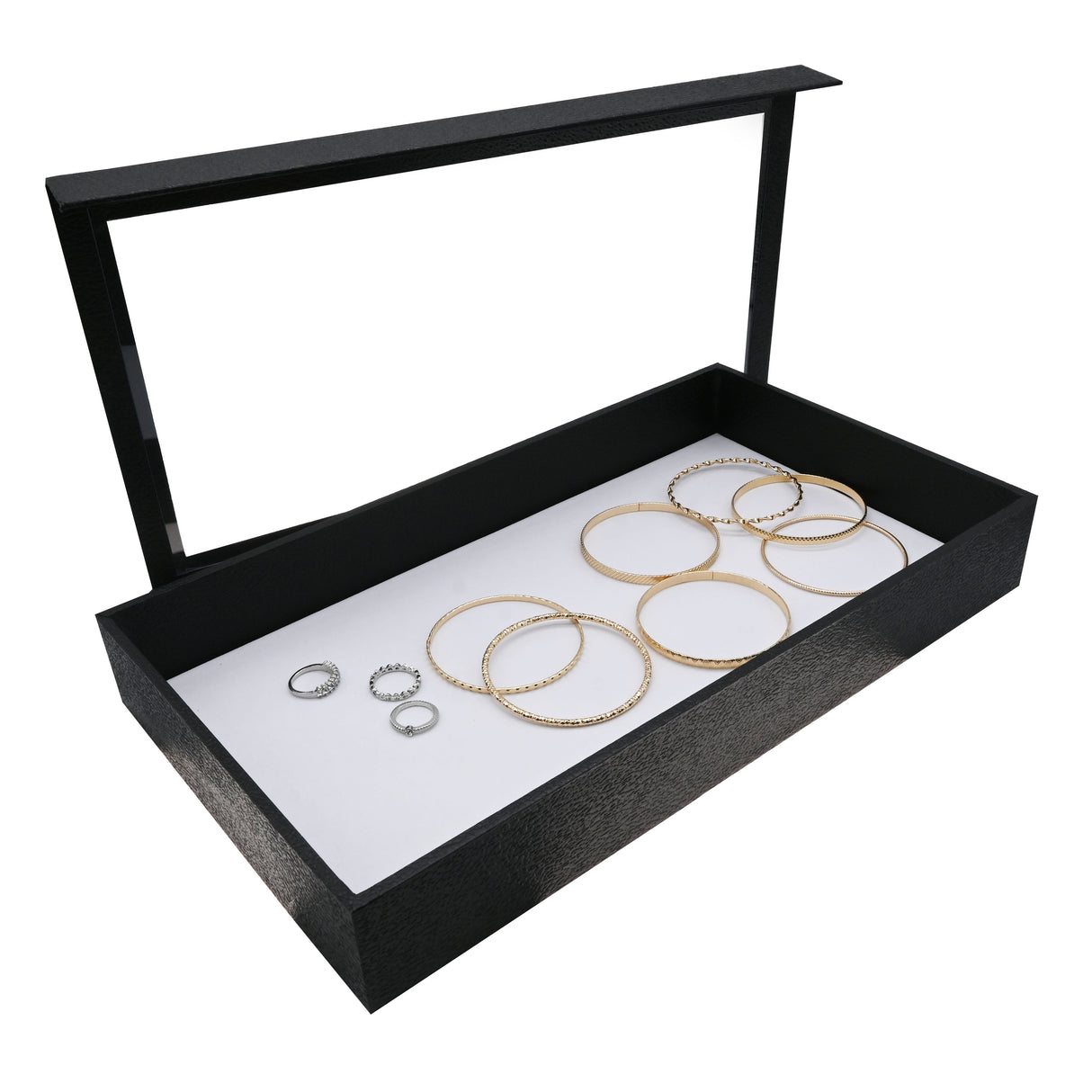 Black Leatherette Jewelry Display Tray with Clear Acrylic Lid, 1½" Tall