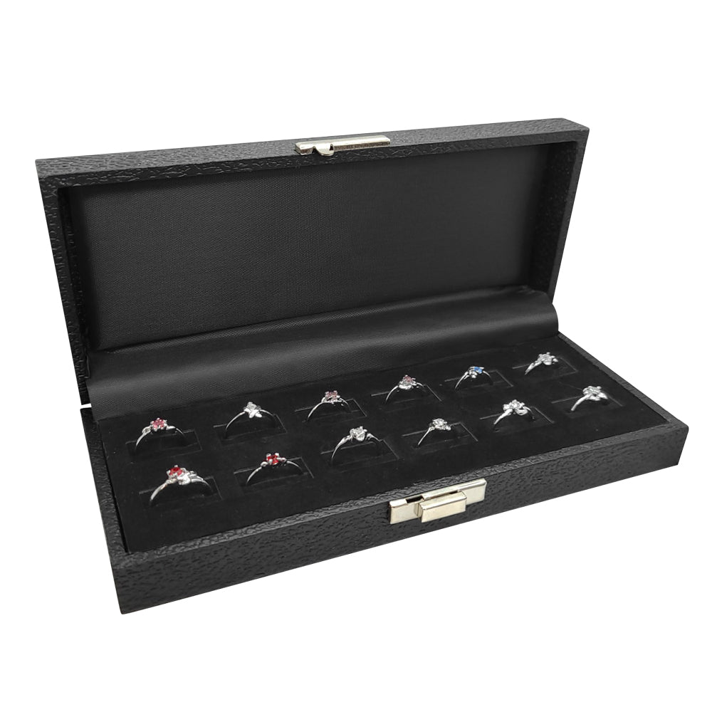 Black Leatherette Wide Slot Jewelry Ring Tray Travel Case - 12 Rings