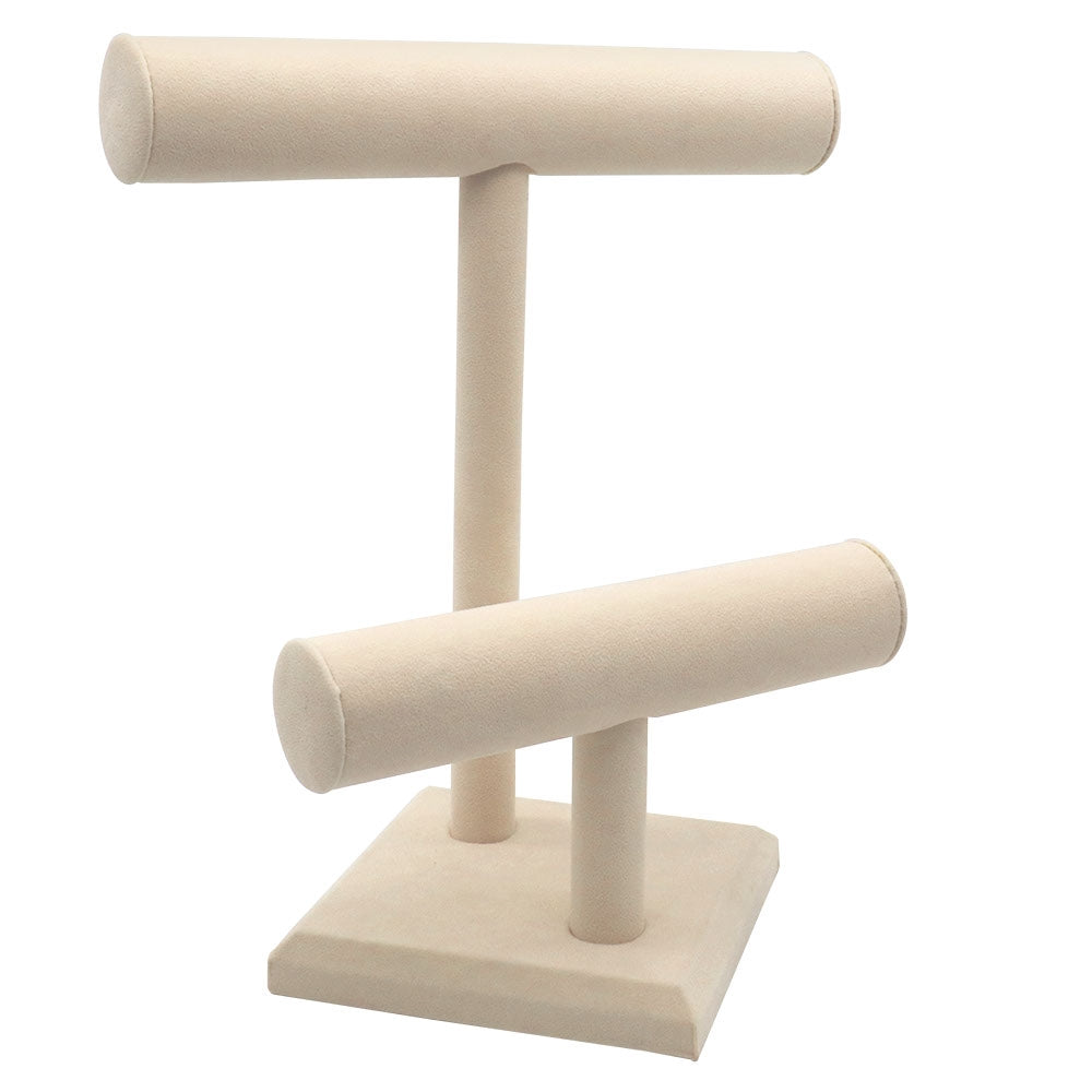 Beige Linen 2 Tier Jewelry T Bar Display Stand, 10-7/8" Tall