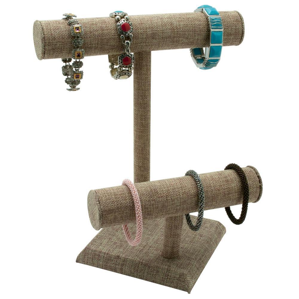Brown Burlap Dual Jewelry T Bar Display Stand, 10-7/8" Tall