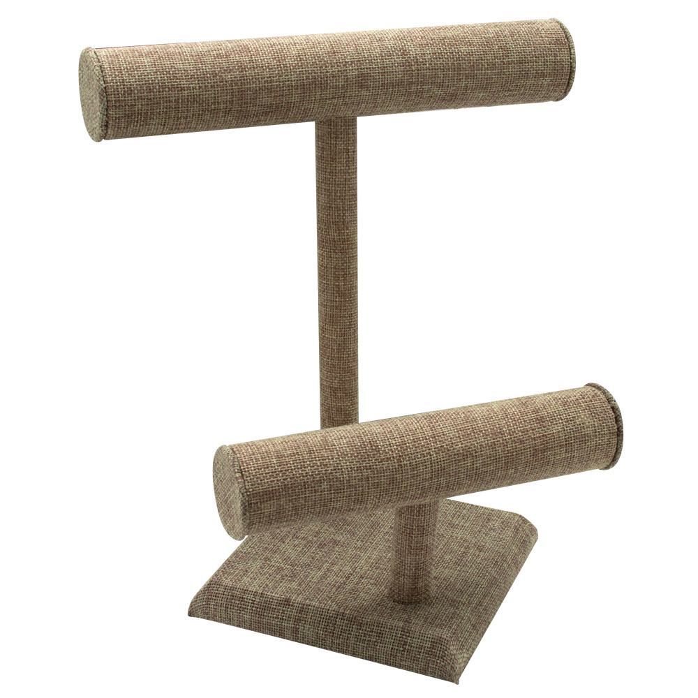 Brown Burlap Dual Jewelry T Bar Display Stand, 10-7/8" Tall