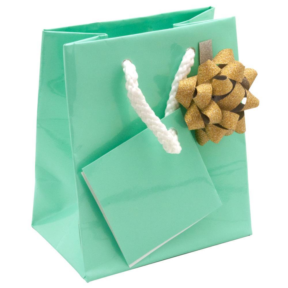 Glossy Teal Gift Shopping Bags with handle, 3" x 2" x 3-1/2"