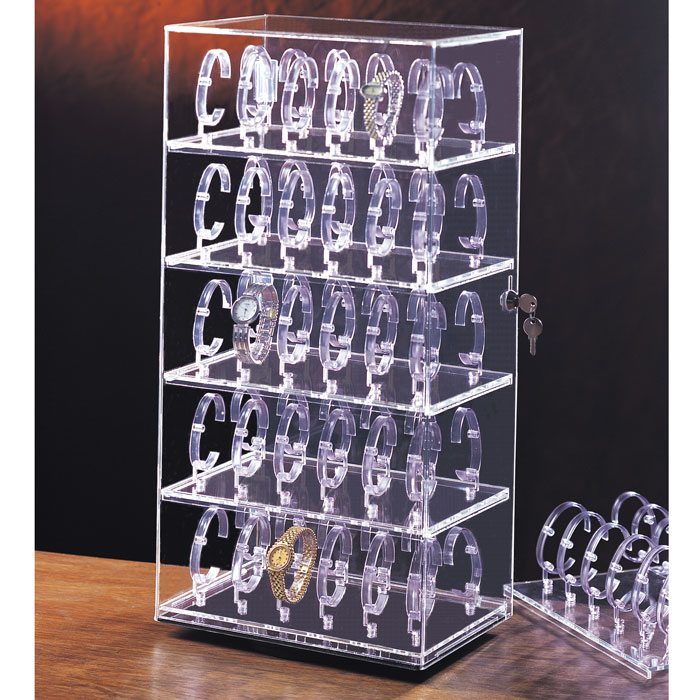 Rotating Clear Acrylic Watch Display Stand with Lock, Holds 60 Watches