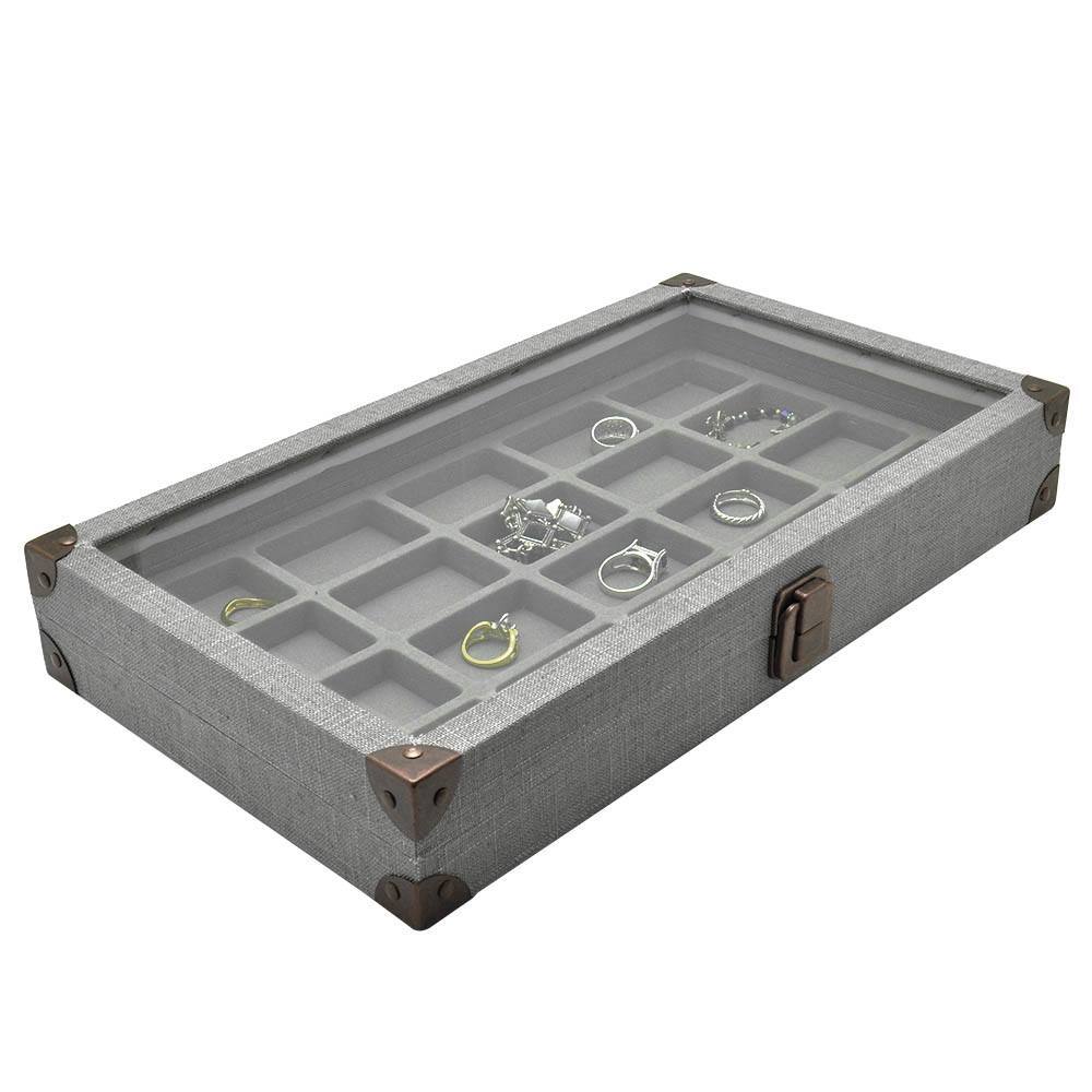 Grey Linen with Glass Lid Jewelry Showcase Display Tray