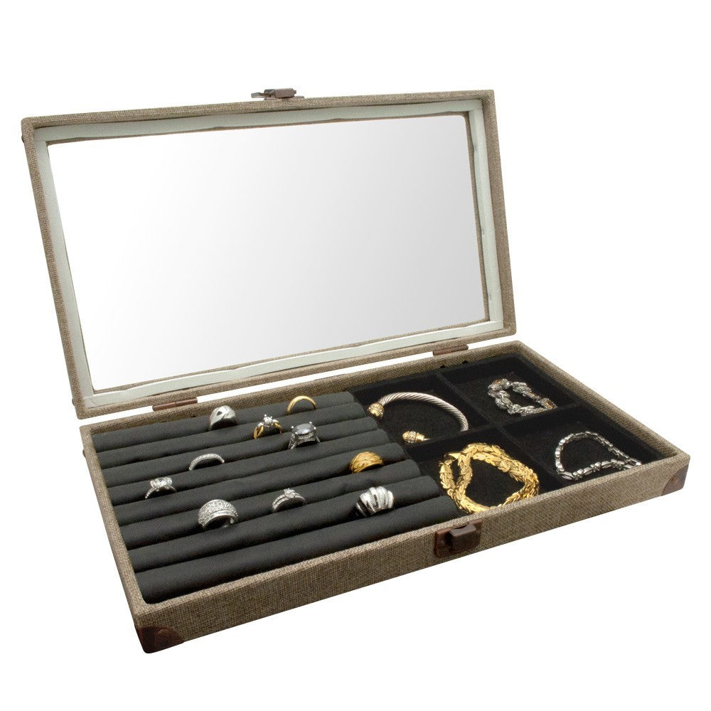 Brown Burlap with Glass Lid Jewelry Showcase Display Tray