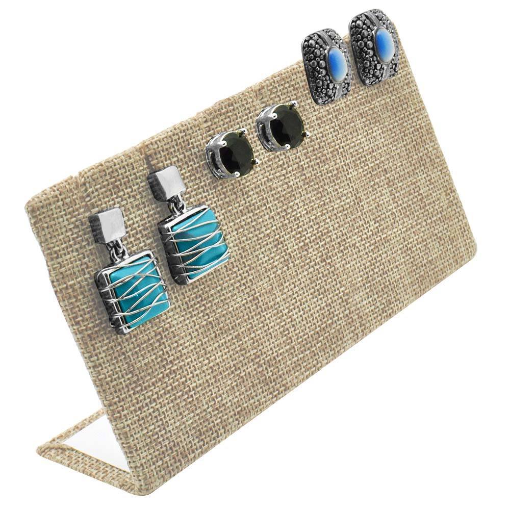 Brown Burlap Jewelry Earring / Pendant Stand, Holds 3 Pairs
