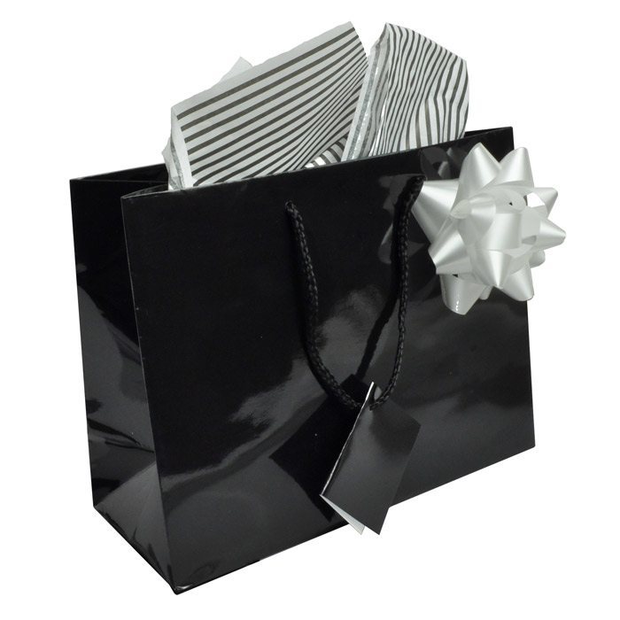 Glossy Black Euro Tote Gift Shopping Bags, 9-1/2" x 4" x 7-1/2"