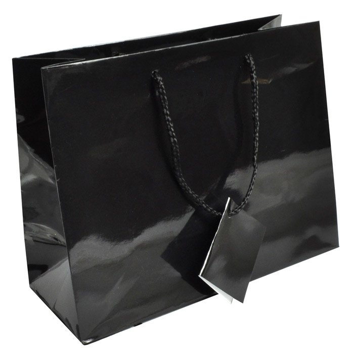 Glossy Black Euro Tote Gift Shopping Bags, 9-1/2" x 4" x 7-1/2"