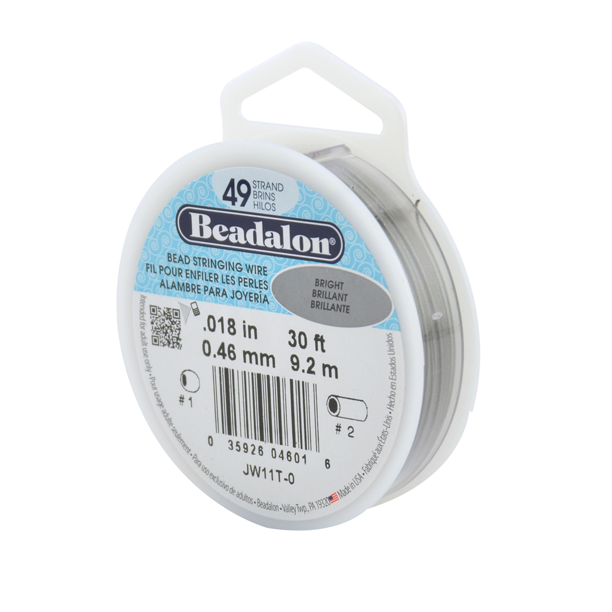 49-Strand Bead Stringing Wire – .018 in (0.46 mm) | Bright Finish | 30 ft