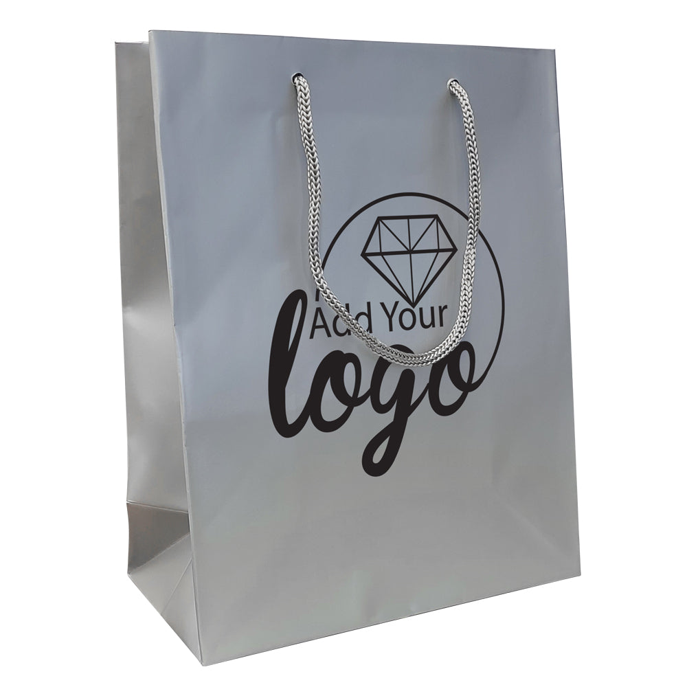 Silver Tote Gift Shopping Bags, 8" x 4" x 10"