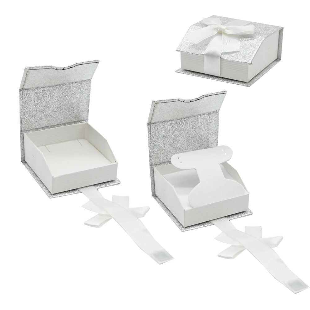 Silver and White Magnetic Ribbon Jewelry Earring or Pendant Gift Boxes