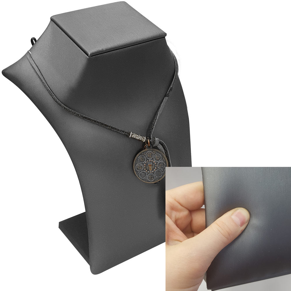 Steel Grey Leatherette Squared Neck Form Jewelry Necklace Display, 7-1/4" Tall