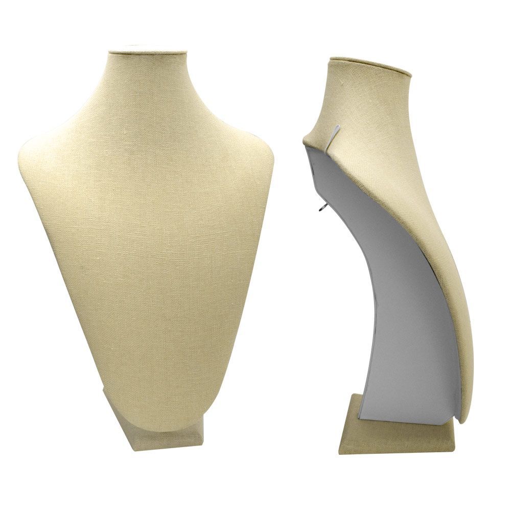 Beige Linen Jewelry Necklace Bust, Neck Form Display, 14-1/2" Tall