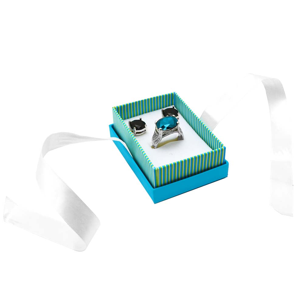 Aqua Striped with White Ribbon Jewelry Pendant / Earring and Ring Combo Boxes