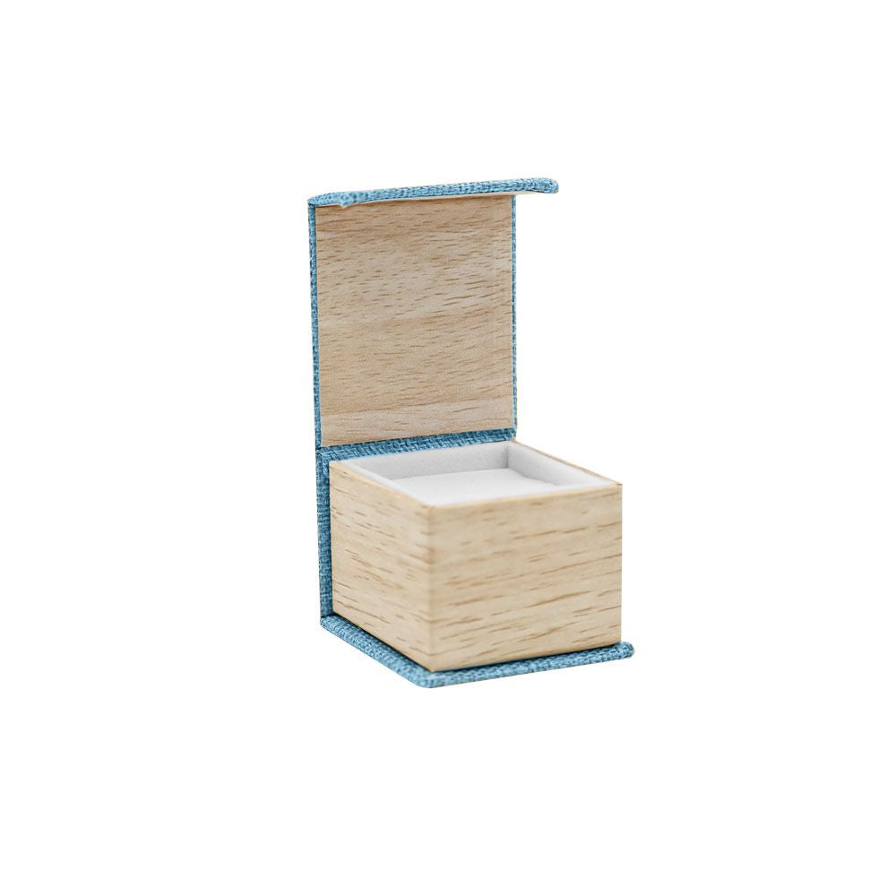 Light Blue Burlap and Faux Natural Wood Jewelry Ring Boxes