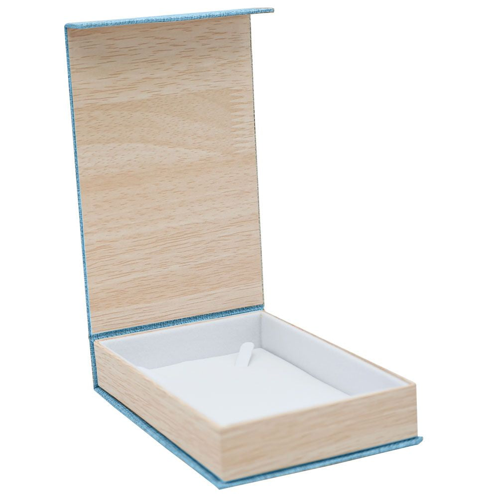 Light Blue Burlap & Faux Wood Jewelry Necklace Packaging Box