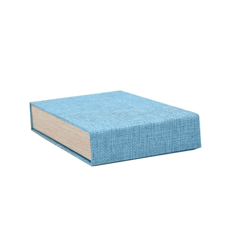 Light Blue Burlap & Faux Wood Jewelry Necklace Packaging Box