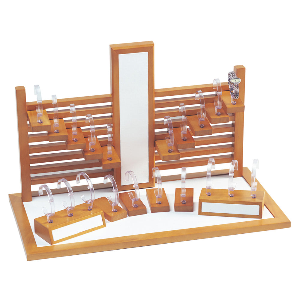 20 Watch Showcase Display Sets White Leatherette with Oak Finish