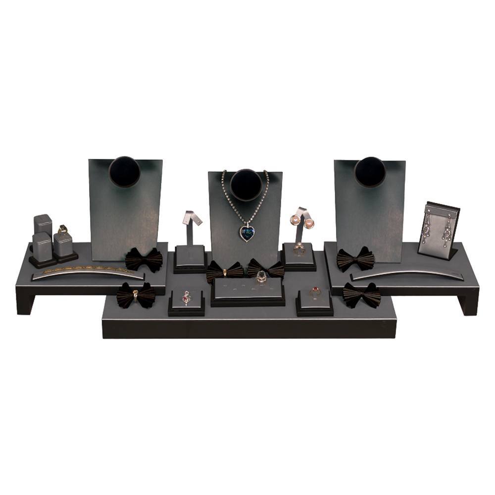 19-Piece Steel Grey & Black Leatherette Jewelry Showcase Display Set