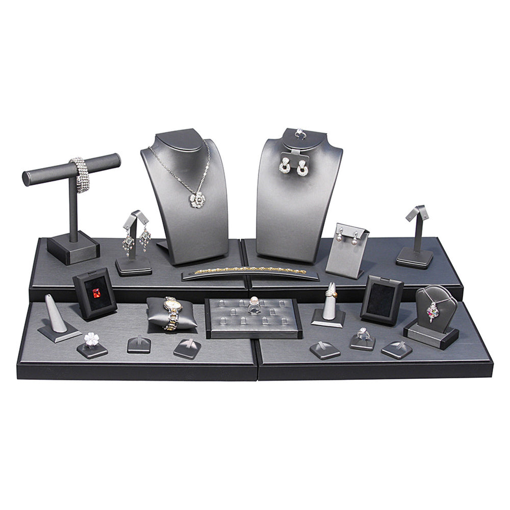 24-Piece Steel Grey & Black Leatherette Jewelry Display Set