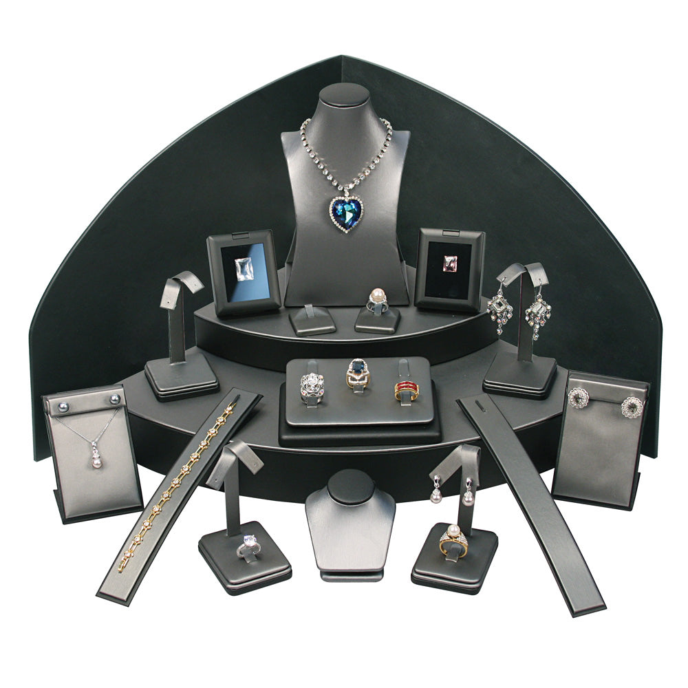 18-Piece Steel Grey W/ Black Trim Leatherette Jewelry Display Set