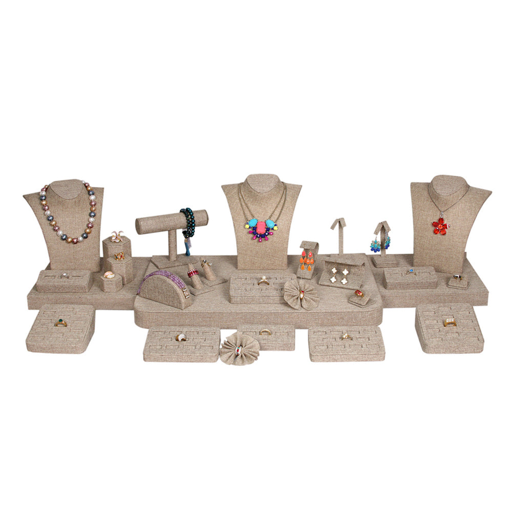 29-Piece Brown Burlap Jewelry Showcase Display Set