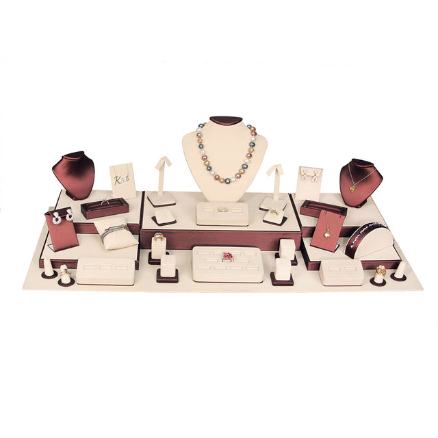 34-Piece Beige & Brown Leatherette Jewelry Showcase Display Set