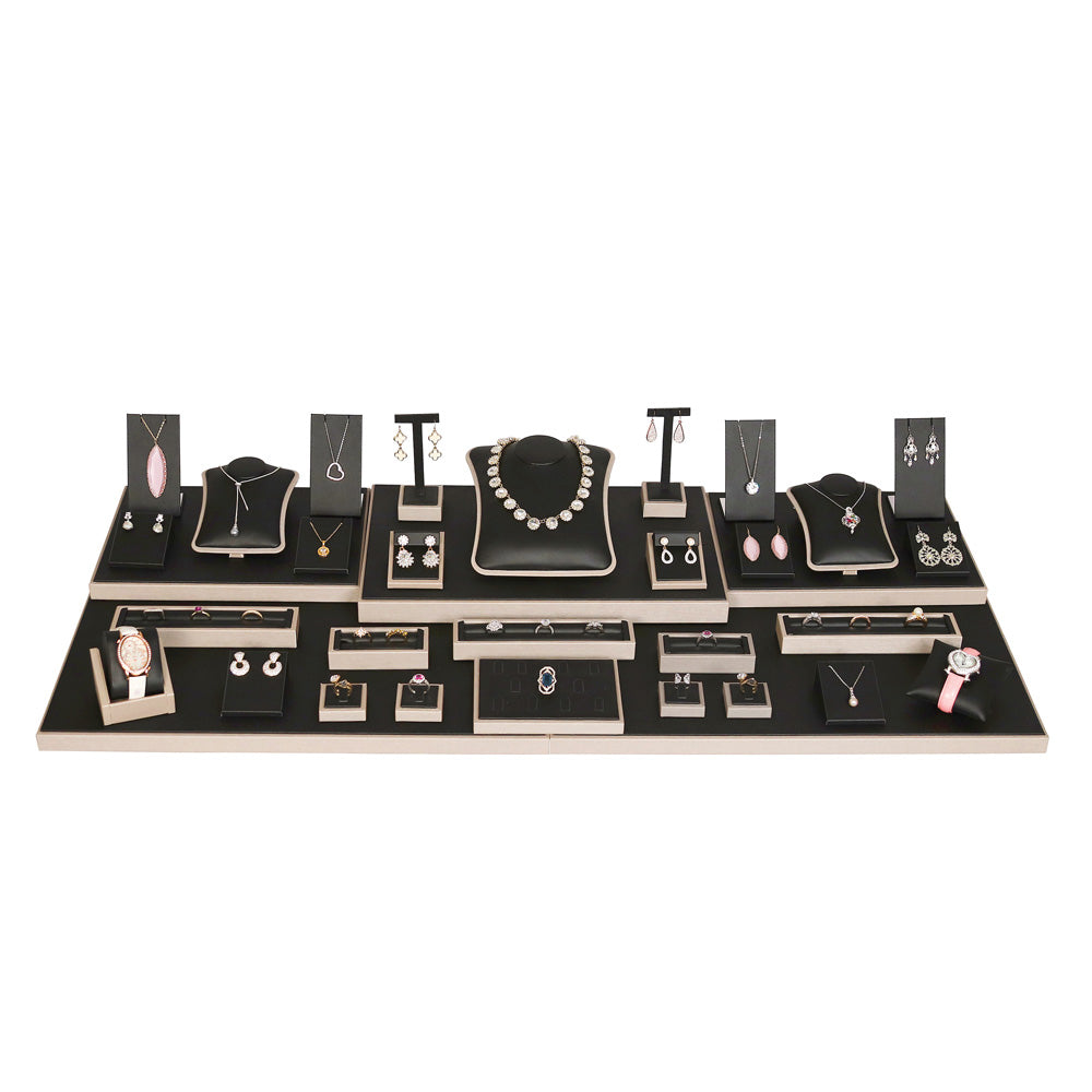 Luxury Black Faux Leatherette with Luna Gold Trim 34-Piece Display Set