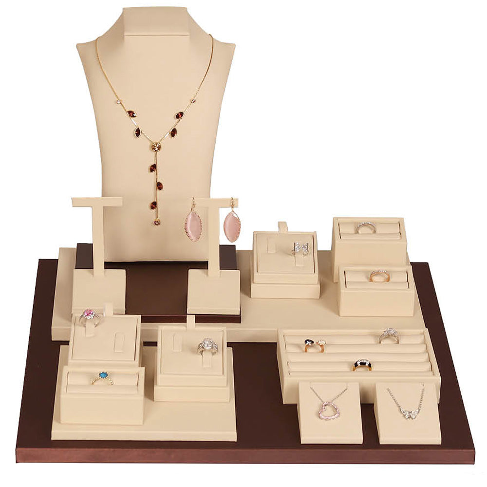16-Piece Beige & Brown Jewelry Showcase Display Set
