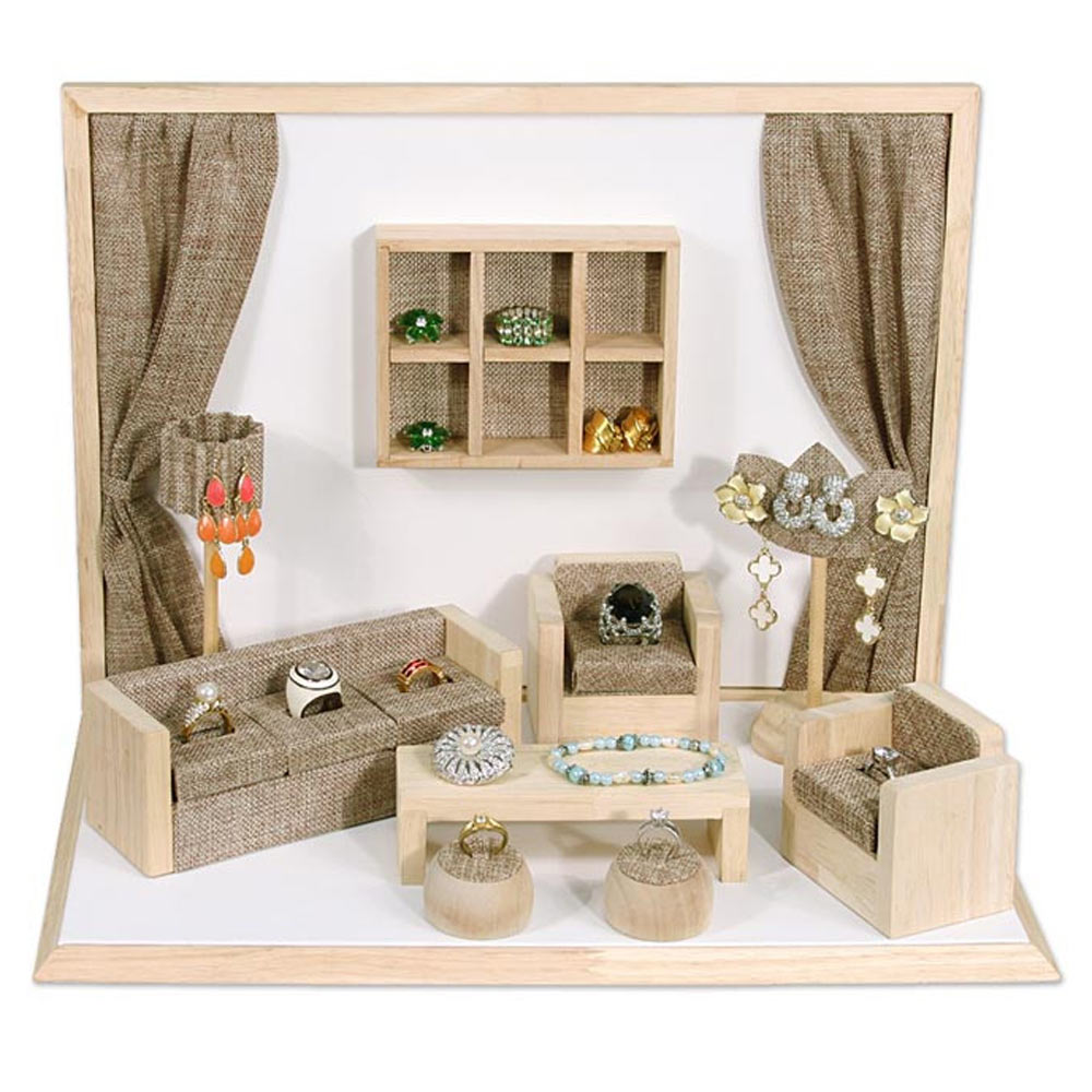 9 Piece Burlap and Wood Jewelry Display Set