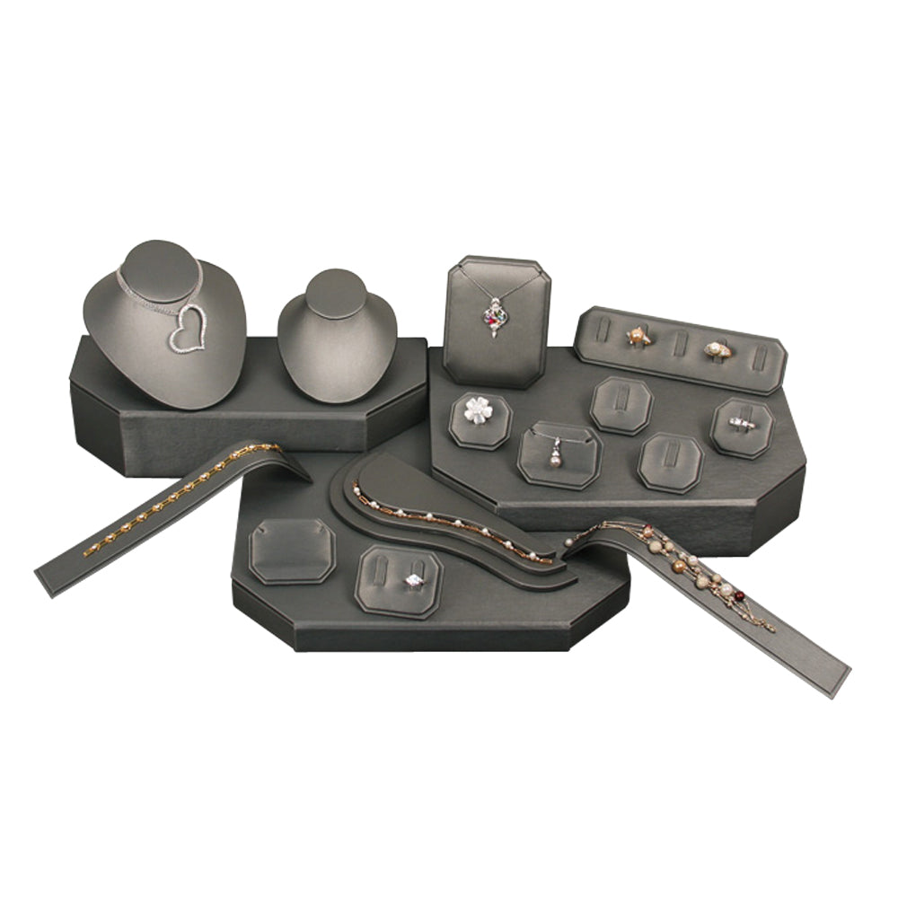 Steel Grey Leatherette 17 Piece Portable Jewelry Display Set
