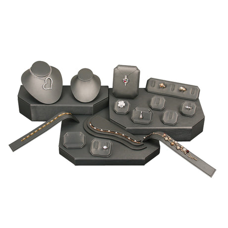 Steel Grey Leatherette 17 Piece Portable Jewelry Display Set