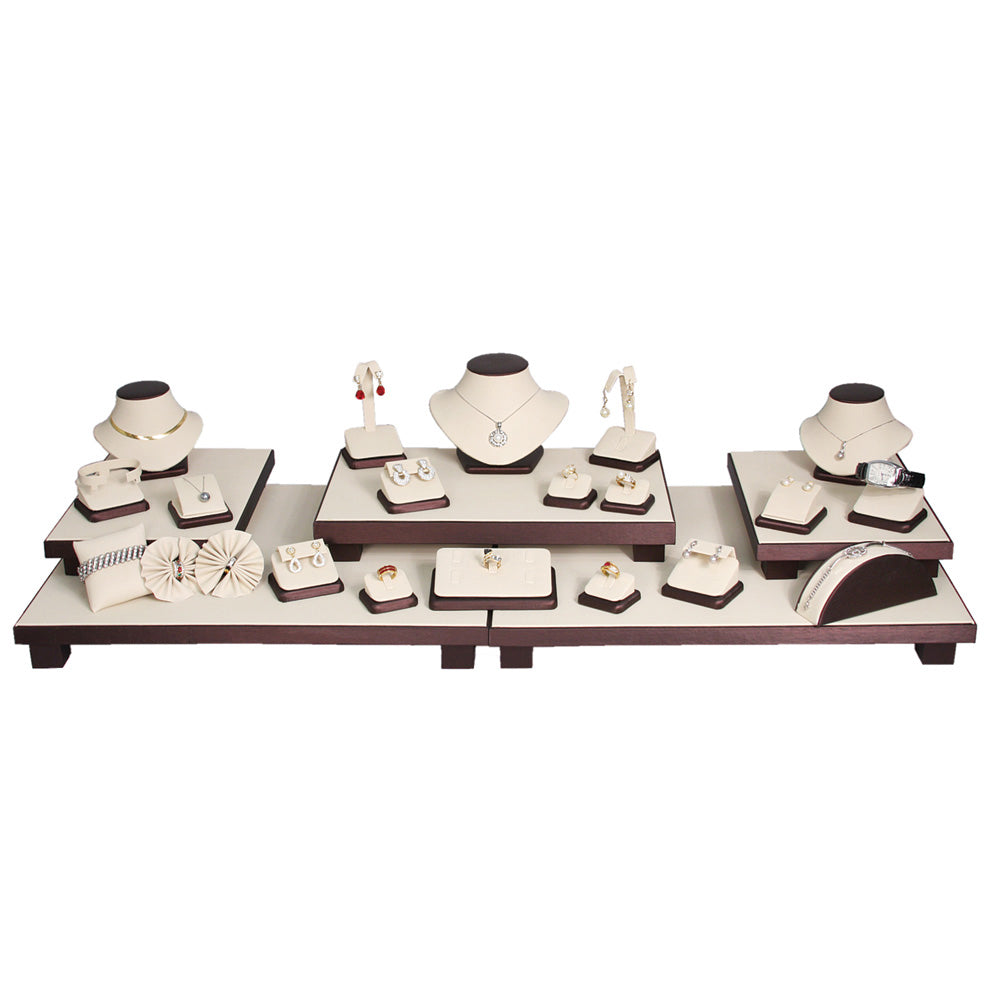 26-Piece Premium Beige with Steel Brown Faux Leatherette Trim Showcase Set 35