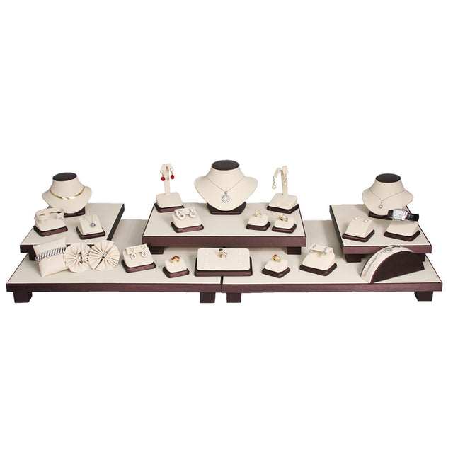 26-Piece Premium Beige with Steel Brown Faux Leatherette Trim Showcase Set 35