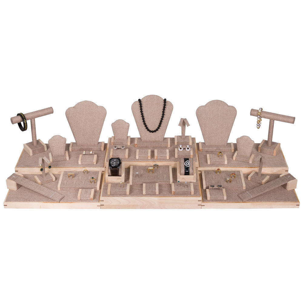 35-Piece Burlap W/ Natural Wood Trim Jewelry Display Set