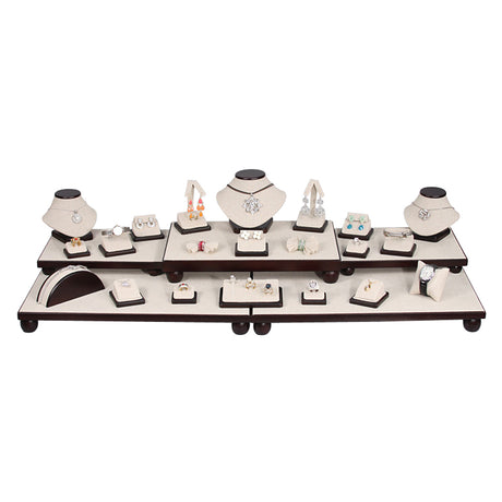 26-Piece Premium Beige Linen with Dark Walnut Trim Showcase Set 35