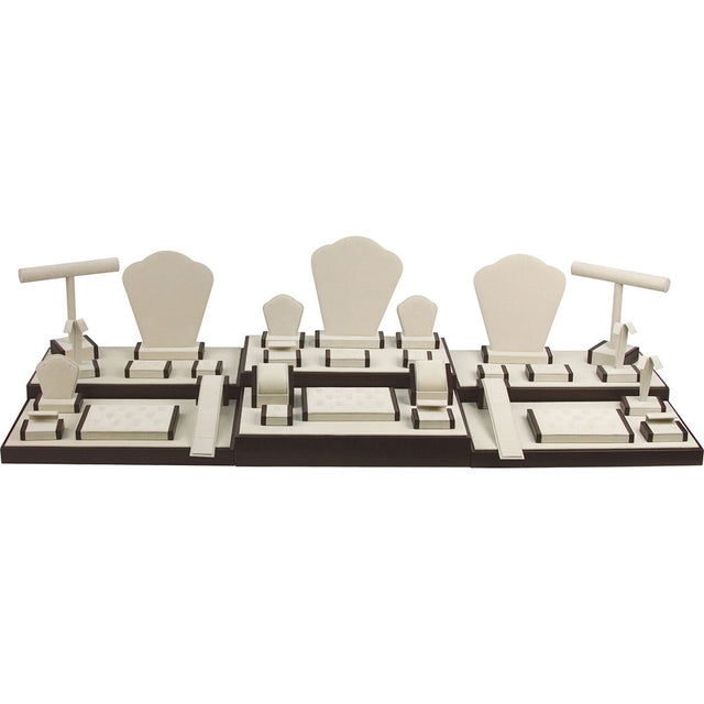35-Piece Beige Suede & Dark Brown Trim Jewelry Showcase Display Set
