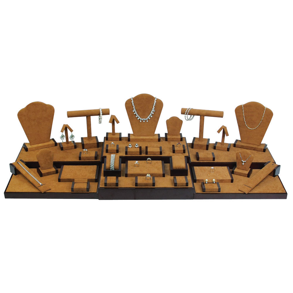 35-Piece Chestnut Suede & Dark Brown Trim Jewelry Showcase Display Set