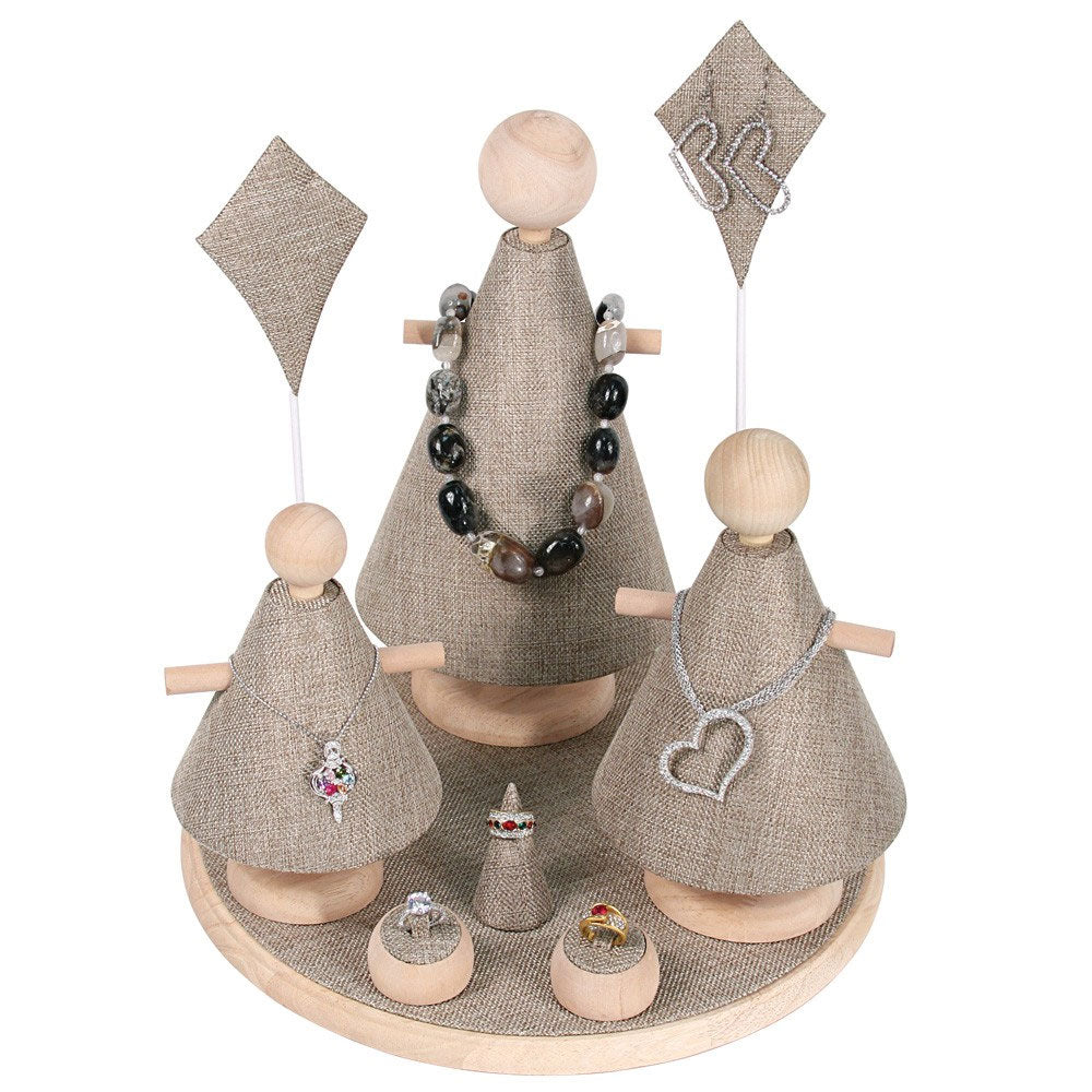 9-Piece Brown Burlap & Natural Wood Jewelry Display Set