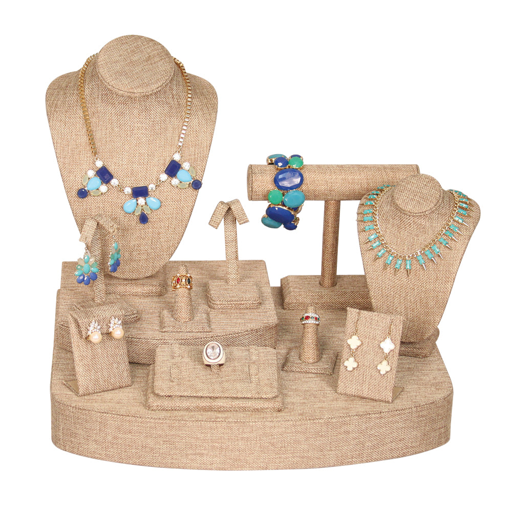 12-Piece Brown Burlap Jewelry Showcase Display Set