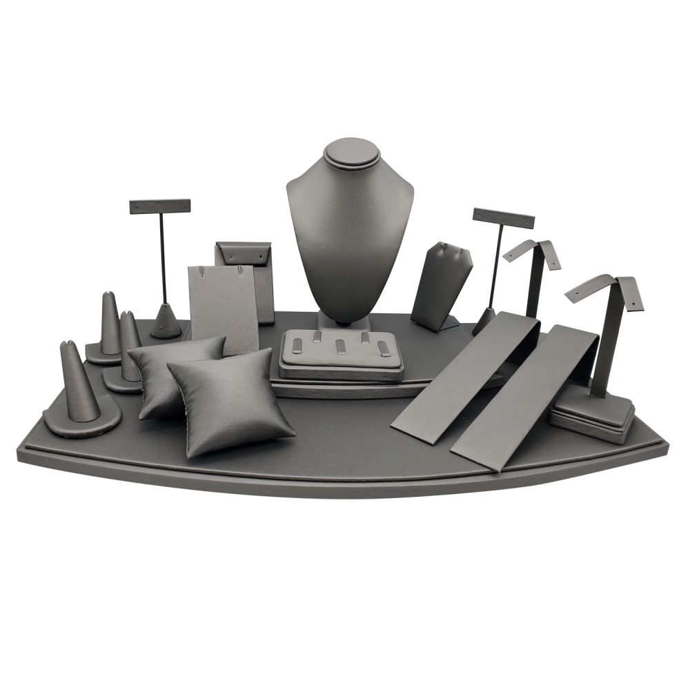 18 Piece Steel Grey Leatherette Jewelry Display Set Stand